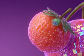 Close-up of a vibrant, digitally rendered strawberry with a shimmering, iridescent net overlay against a deep purple background.