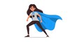 © Baks - Determined Female Superhero in Action, Bold Blue Cape, Powerful Pose