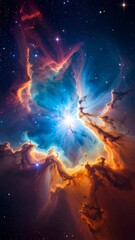 Wall Mural - Dramatic nebula explosion in dark space, light rays shining through cosmic clouds and stardust, creating surreal celestial atmosphere.