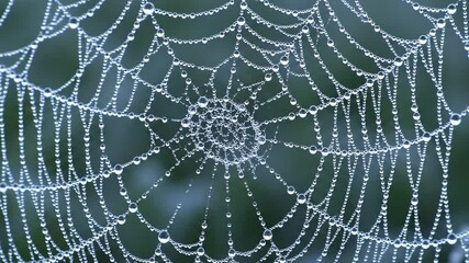 Close up of a spider web covered in dew drops.