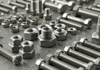 An array of pristine metal fasteners beautifully arranged on a surface