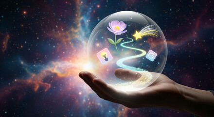a hand holding a crystal ball with a magical path and a flower inside, set against a cosmic nebula b