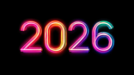 Wall Mural - Bright neon numbers 2026 glowing against black background, creating vibrant and modern aesthetic. colorful lights evoke sense of excitement and anticipation for future