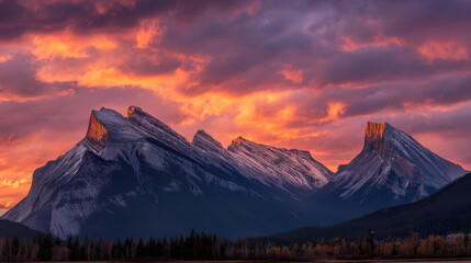 Wall Mural - majestic mountains rise against vibrant sunset sky, showcasing dramatic peaks and colorful display o