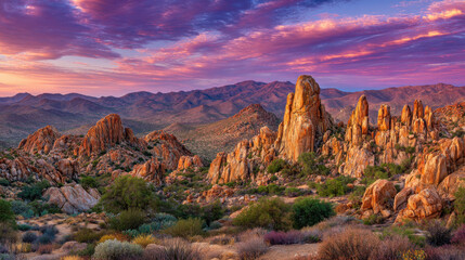 Wall Mural - majestic rock formations rise against vibrant sunset sky, showcasing stunning landscape of mountains