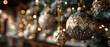 © john - christmas tree with christmas decoration on background with golden glittering ornaments. Baubles And Blurred Shiny Lights