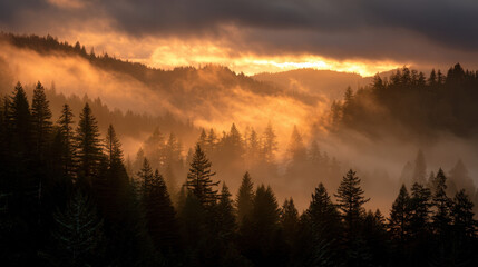Wall Mural - majestic forest landscape at sunrise, with golden light illuminating misty trees and mountains. scen