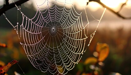 Dewcovered spider web in sunlight with nature backdrop.