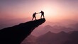 © Rasyid - Silhouetted Climbers Lend a Hand on a Jagged Cliff at Sunset, Overcoming Rugged Mountain Backdrop