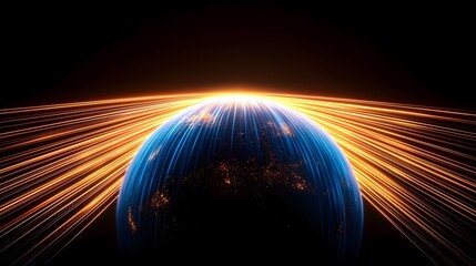 Wall Mural - the image shows a digital illustration of earth with bright, orange lines radiating outwards, creati