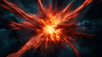 Wall Mural - The image features a vibrant explosion of fiery orange and red emanating from a central point, set against a contrasting dark blue backdrop with blurred streaks suggesting rapid movement.
