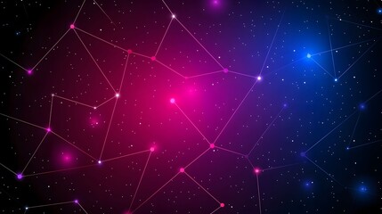 Wall Mural - The image features a digital illustration of connected points and lines, resembling a constellation map against a backdrop of pink, purple, and blue hues.