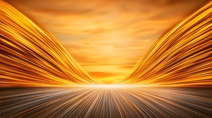Wall Mural - The image is a digital abstract with bright golden lines curving from the top and bottom of the frame towards light on the horizon against a hazy golden sky.