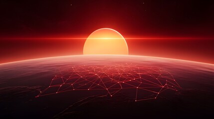 Wall Mural - The image shows a planet with a glowing network spanning its surface, set against a red sky with a bright sun-like object on the horizon, evoking a futuristic and technological atmosphere.