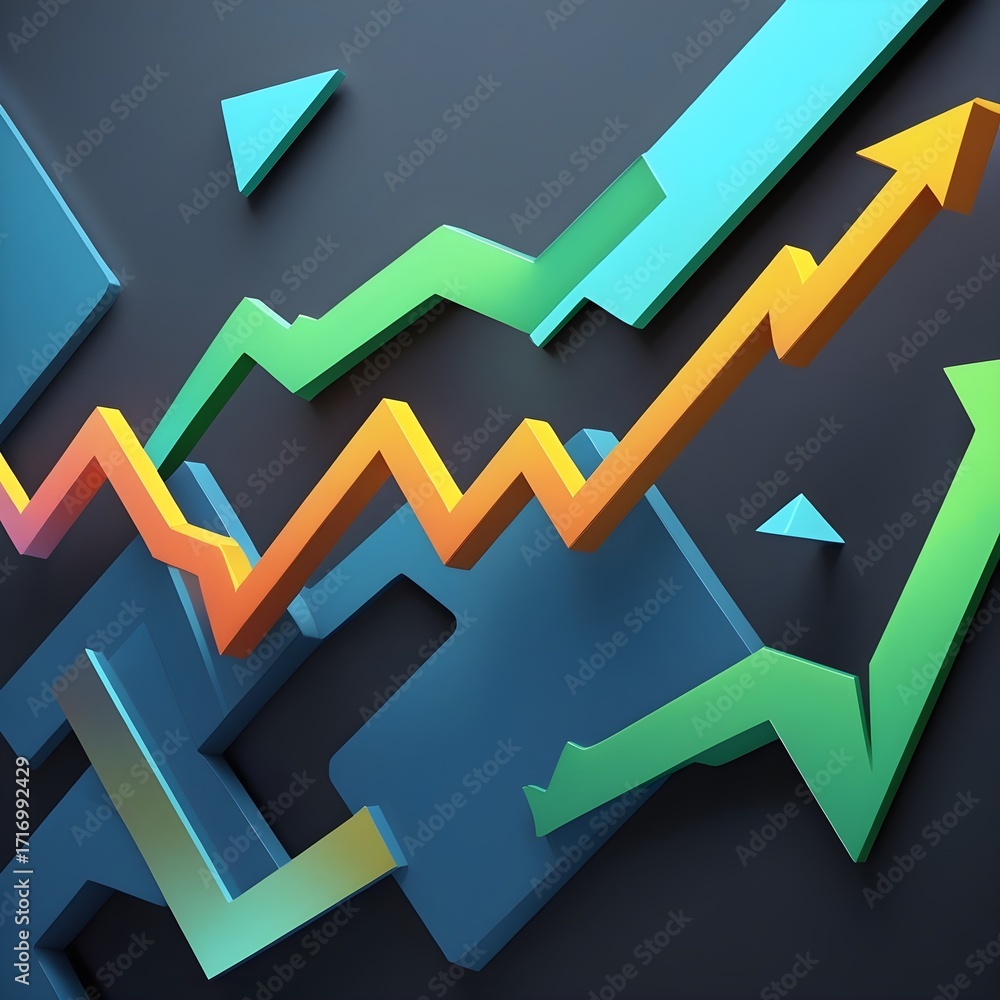 An abstract and dynamic visualization of upward trends, characterized by multiple overlapping arrows in shades of green, orange, and blue. These arrows ascend sharply from a dark, geometric base, sugg