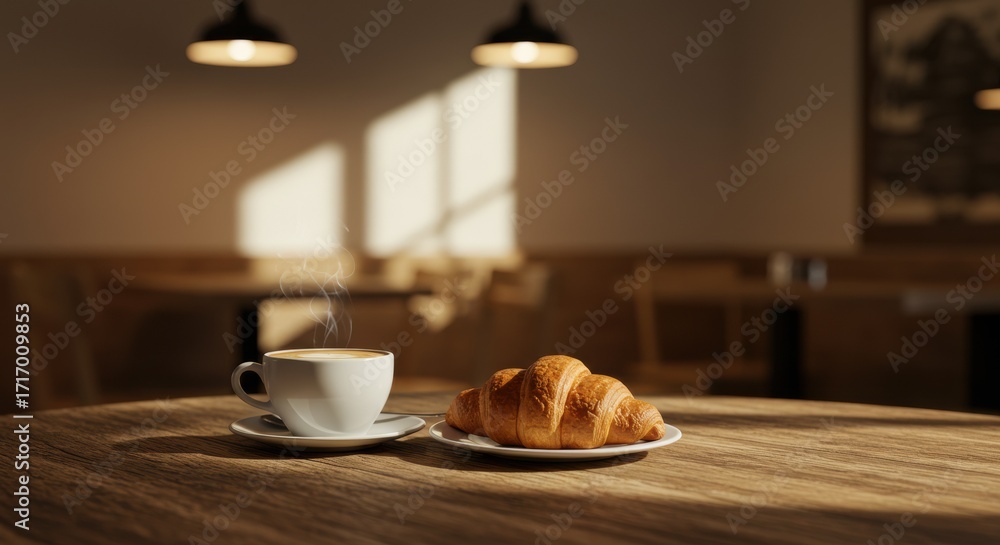 Coffee and Croissant A Cozy Cafe Scene with Warm Light and Freshly ...