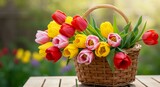 Colorful tulip bouquet in basket