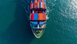 © hampura - Top view of cargo ship sailing in blue ocean