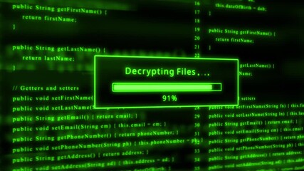 Green glowing progress bar shows 100% percent of files decrypting on a background of computer code programming