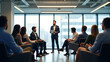 © HaJung - Inspiring Leadership: Team Leader Shares Strategic Vision in Bright Open-Plan Office - Stock Photo Concept with Space for Text