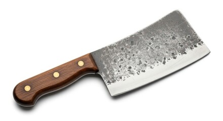 A rustic, heavy-duty cleaver with a textured blade and a wooden handle secured by brass rivets.