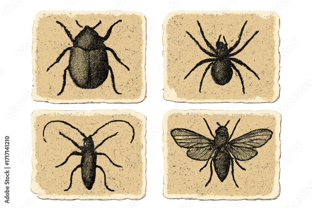 Insect Body Bitmap Vintage insect collection with textured grunge halftone effect, torn ...