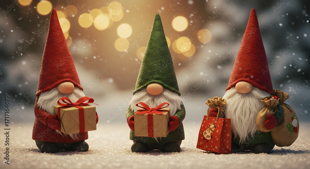 Three christmas gnomes with gifts