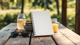 Blank spiral-bound notebook sits on a wooden table outdoors, surrounded by drinks and sunglasses.