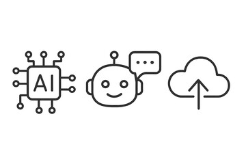 Minimalist line icons set of AI technology, chatbots with speech bubble, cloud upload symbol, digital communication, artificial intelligence vector illustration