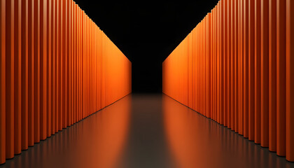 Wall Mural - Orange corridor with vertical lines and a reflective floor