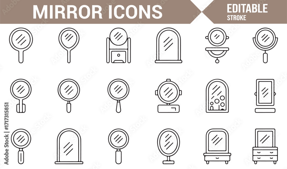 Simple mirror icon set of wall and handheld types for grooming and ...