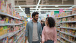© Maksim Shebeko - A cheerful couple walks hand in hand, enjoying their time in the grocery store Generative AI