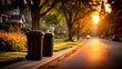 © Mariia - Evening sunlight enhances a quiet suburban street scene with garbage bins and blooming flowers