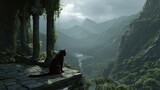 Black panther perched ruins overlooking lush mountains and valley, cloudy sky, serene