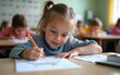 © David - Young girl drawing in classroom during back to school season. High quality