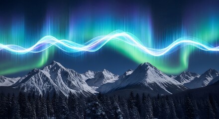 Vibrant aurora borealis illuminating a snowy mountain range and pine forest under a star-filled night sky.