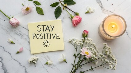  Uplifting and Motivational Scene with Flowers, Candle, and Positive Message on Marble Surface