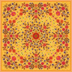 Wall Mural - Beautiful square scarf with mandala, floral patterns, berries, leaves