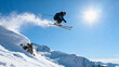 © Big - Skier performing a jump on a snowy mountain slope under bright sunlight
