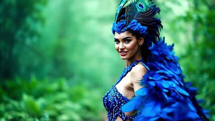 A woman in a blue dress with a peacock feather on her head