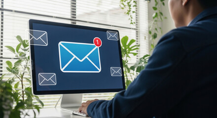 Person checking email on computer with notification and floating envelopes screen message