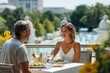 © Iryna - Young caucasian couple enjoying outdoor lunch on sunny day at scenic restaurant