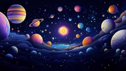 Wall Mural - A cosmic landscape with vibrant planets and stars, viewed from a low angle. Perfect for a space-themed video backdrop or digital art inspiration. Live desktop wallpaper.