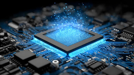 Wall Mural - Blue glowing microchip with advanced circuit board design, suitable for technology, electronics, and innovation concepts
