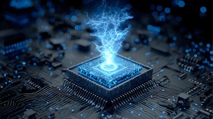 Wall Mural - Blue glowing microchip with advanced circuit board design, suitable for technology, electronics, and innovation concepts

