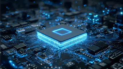 Wall Mural - Blue glowing microchip with advanced circuit board design, suitable for technology, electronics, and innovation concepts
