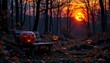 © Apatsara - A spooky forest sunset with a haunted evil glowing eyes of Jack O' Lanterns on the left of a wooden bench on a scary halloween night. 4K sharp professional photo. No text or logos.