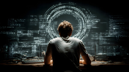 Man working on a computer surrounded by holographic digital data and code, symbolizing high-tech programming and cybersecurity