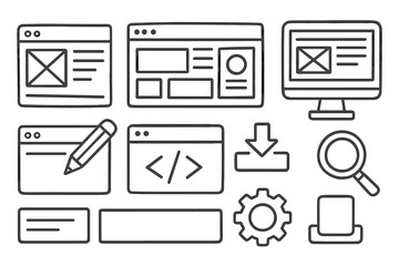 Web design UI UX icon set. Website development and programming line art. Doodle vector for wireframe, frontend coding, interface layout, SEO, app building and creation.