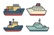 © Corinna - Ship vector icon set. Flat cartoon illustration collection of water transport vehicles: cargo container ship, cruise liner, ocean liner, tugboat, and patrol boat. Marine travel concept.